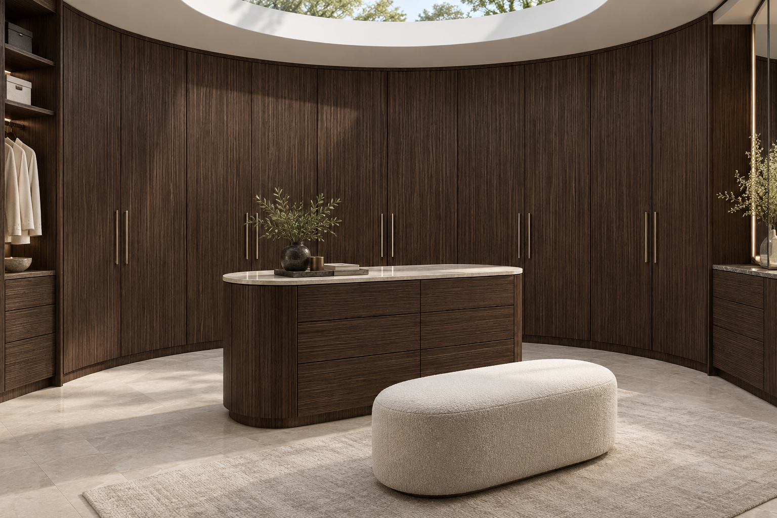 Design visualization: curved fitted wardrobe in Smoked Burr, decor HG3001