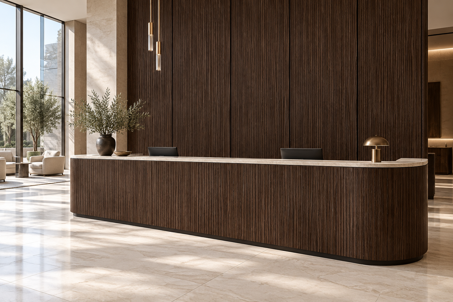 Design visualization: rounded reception desk in Smoked Burr, decor HG3001