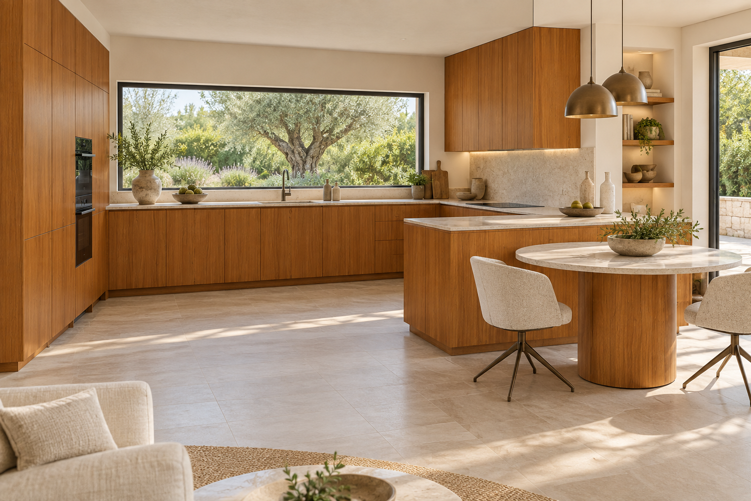 Kitchen design visualization with Banda Teak HG3003 cabinetry