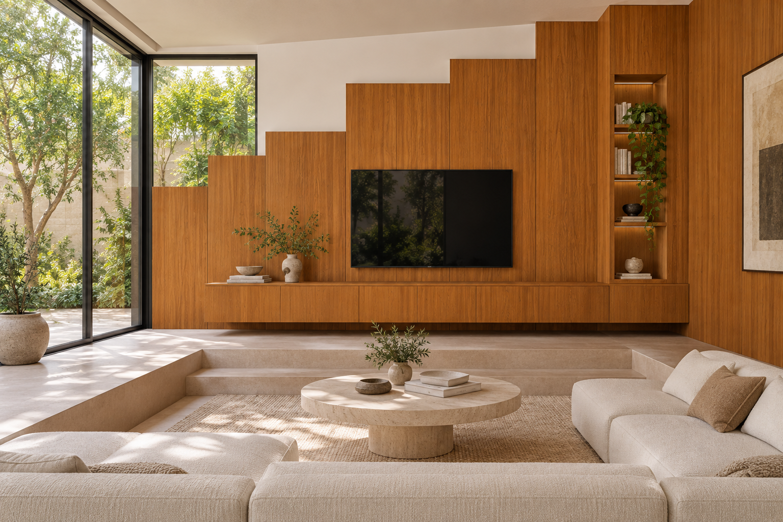 Design visualization: stepped lounge cladding in Banda Teak, decor HG3003
