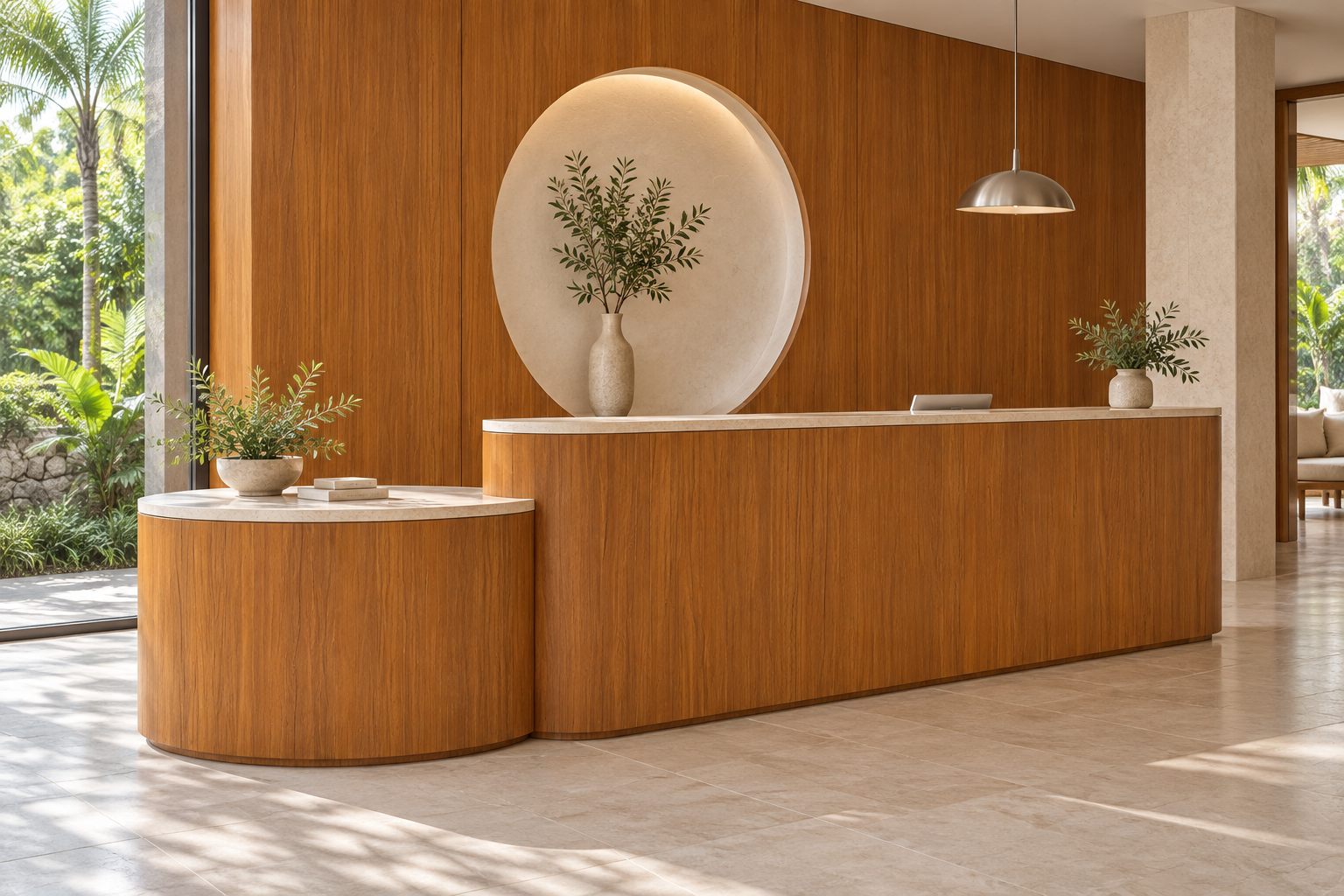 Design visualization: tiered reception counter in Banda Teak, decor HG3003
