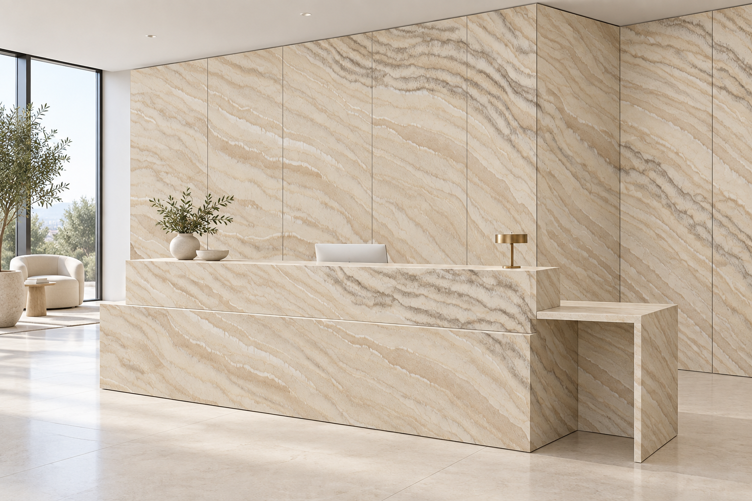 Design visualization: stepped stone-look desk in Dune, decor HG3004