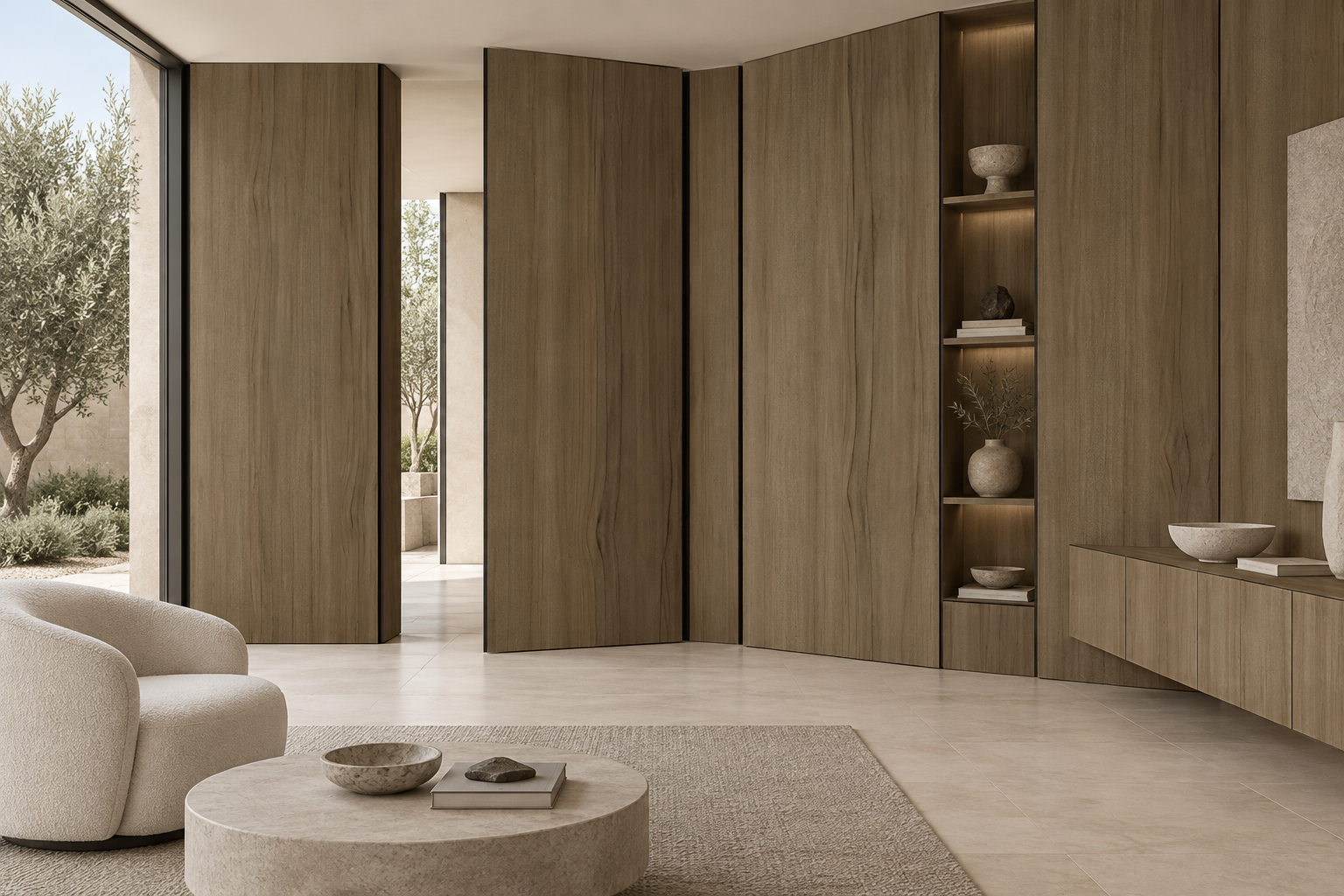 Design visualization: pivot-panel reading lounge in Suwa Acacia Wood, decor HG3005