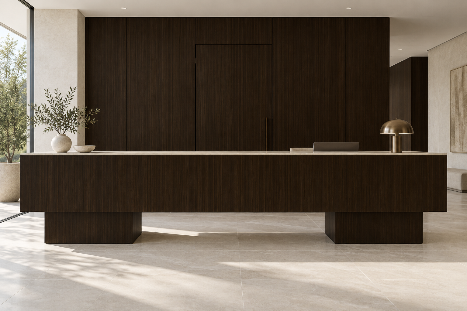 Design visualization: floating bridge reception in Fornia Walnut, decor HG3006