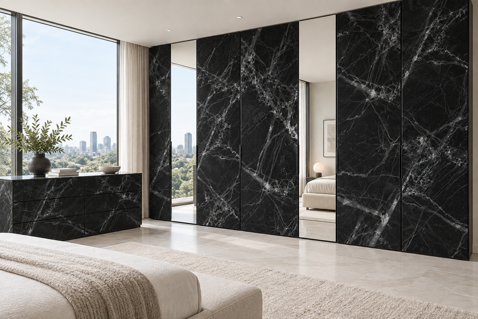 Design visualization: mirrored mineral wardrobe in Glass Frost Black, decor HG3007