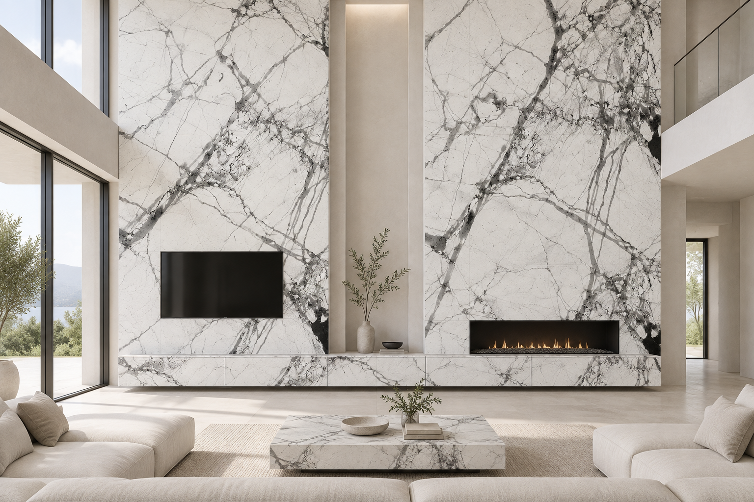 Design visualization: tall split cladding in Glass Frost White, decor HG3008