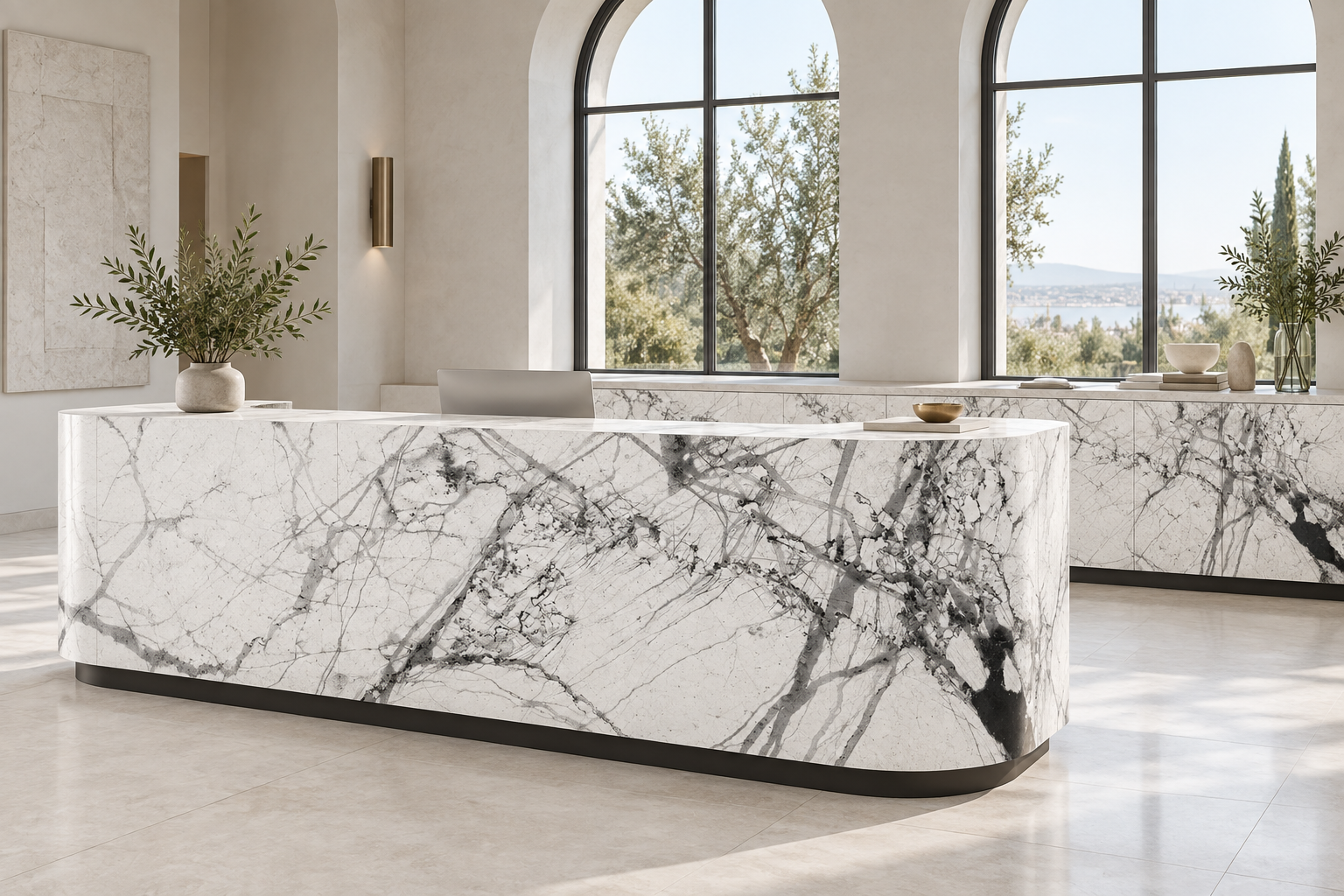 Design visualization: rounded lobby counter in Glass Frost White, decor HG3008