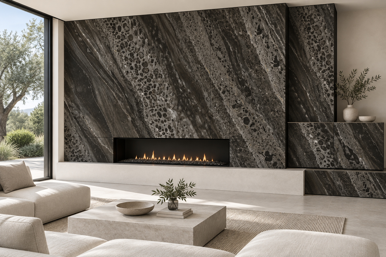 Design visualization: low hearth composition in Venice Rock, decor HG3010