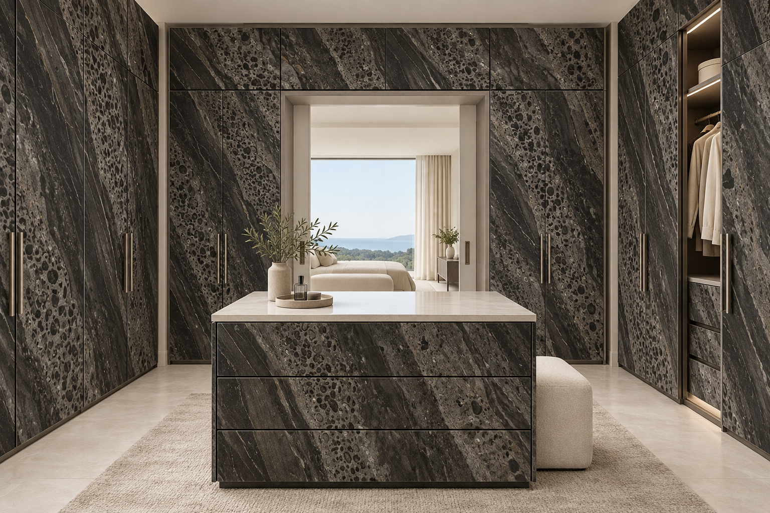 Design visualization: dressing room with bridge in Venice Rock, decor HG3010