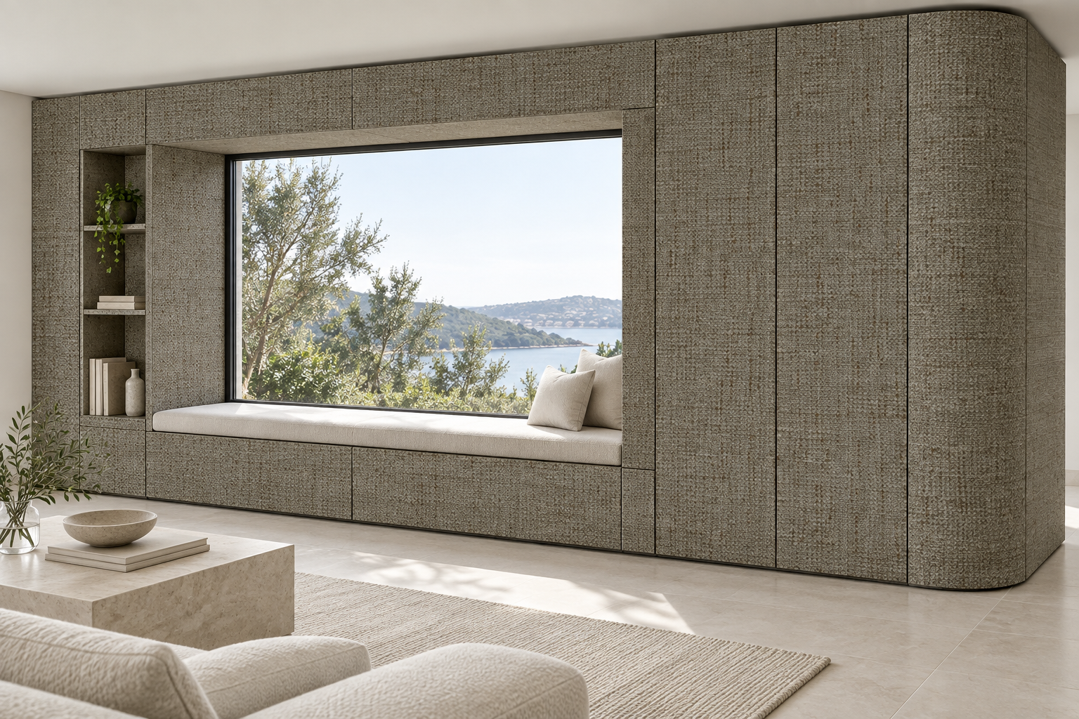 Design visualization: window-bench cladding in Knitting Olive, decor HG3014