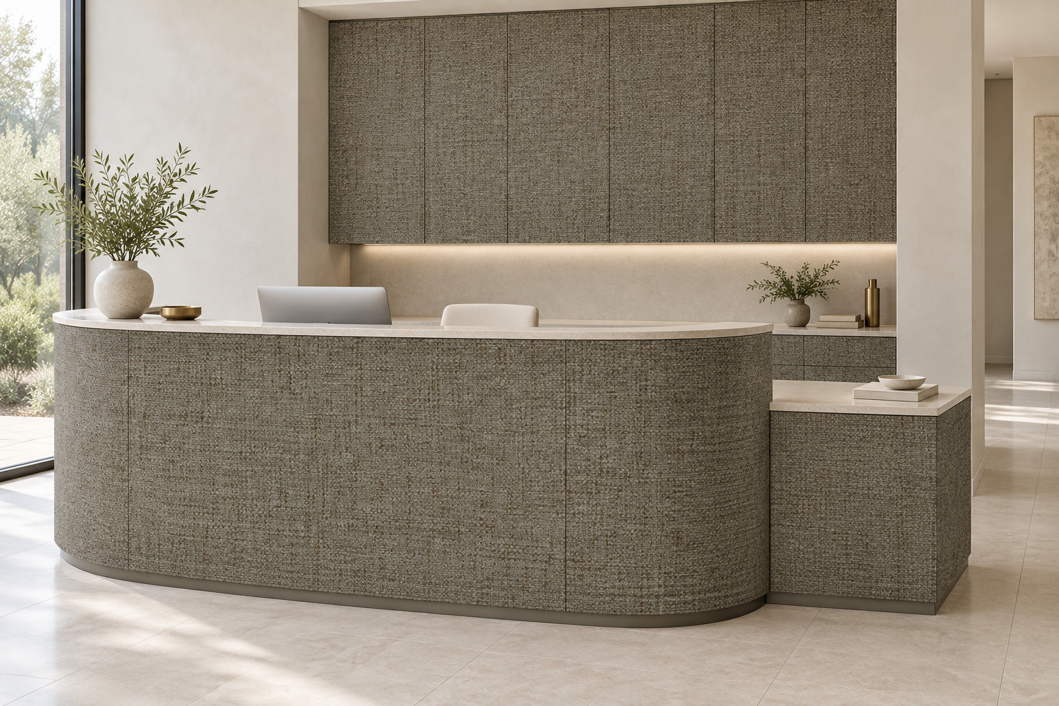 Design visualization: curved concierge counter in Knitting Olive, decor HG3014
