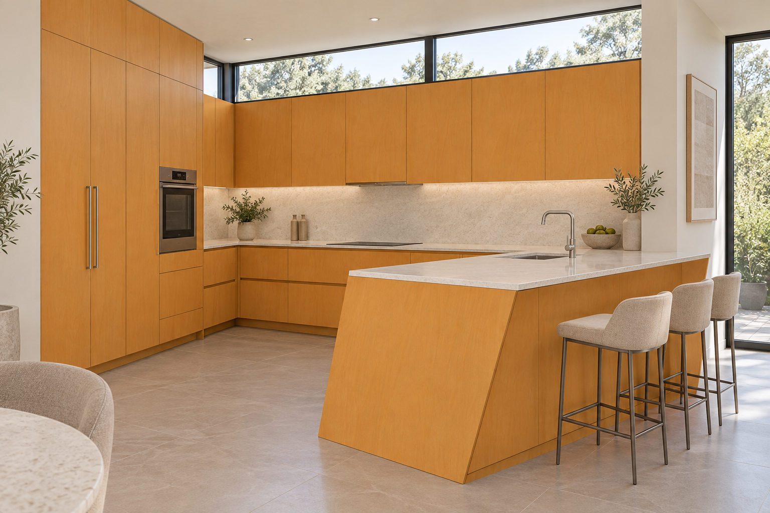 Kitchen design visualization with Amber Birch Orange HG3018 cabinetry