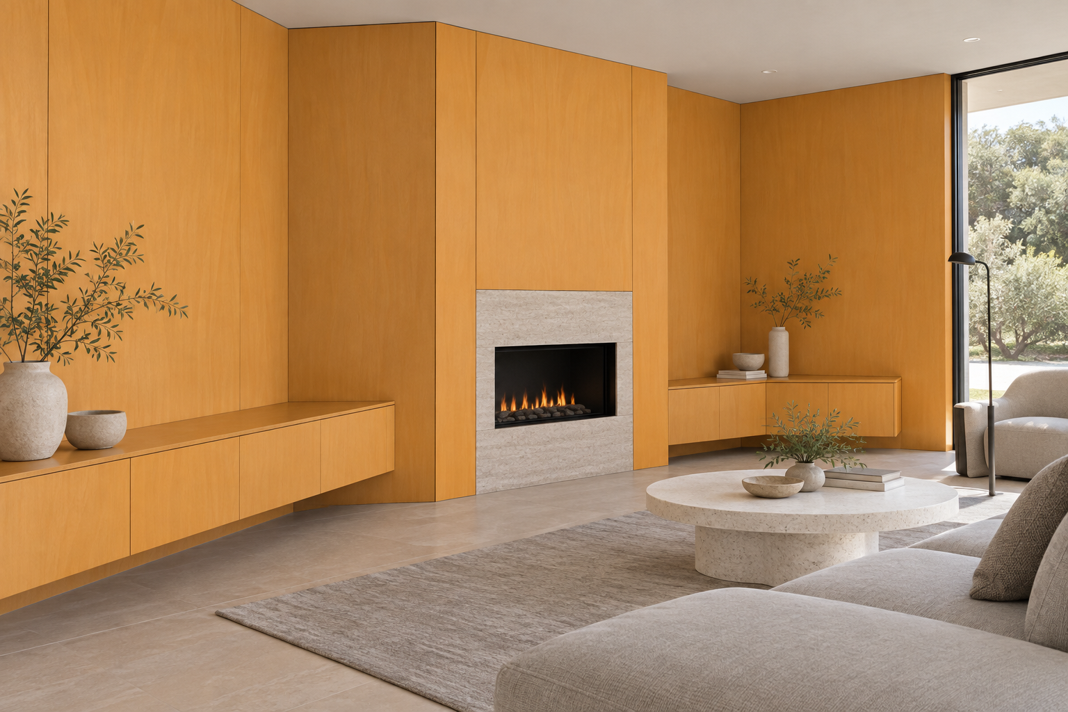 Design visualization: faceted fireplace wall in Amber Birch Orange, decor HG3018