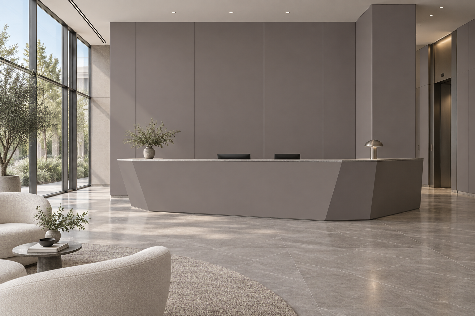 Design visualization: angular reception desk in Chimera Khaki, decor HK2002