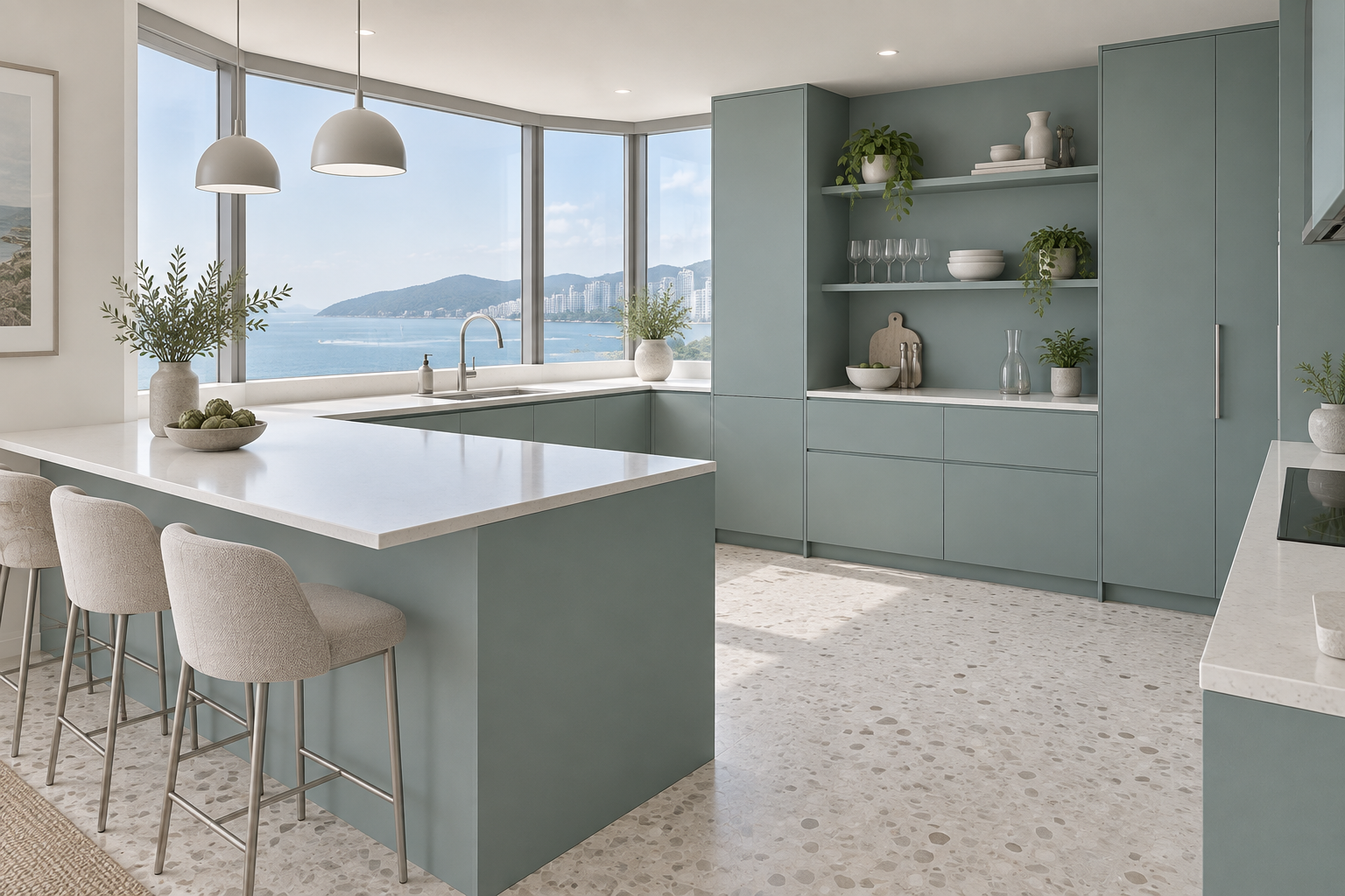 Kitchen design visualization with Glacier Grey HK2003 cabinetry