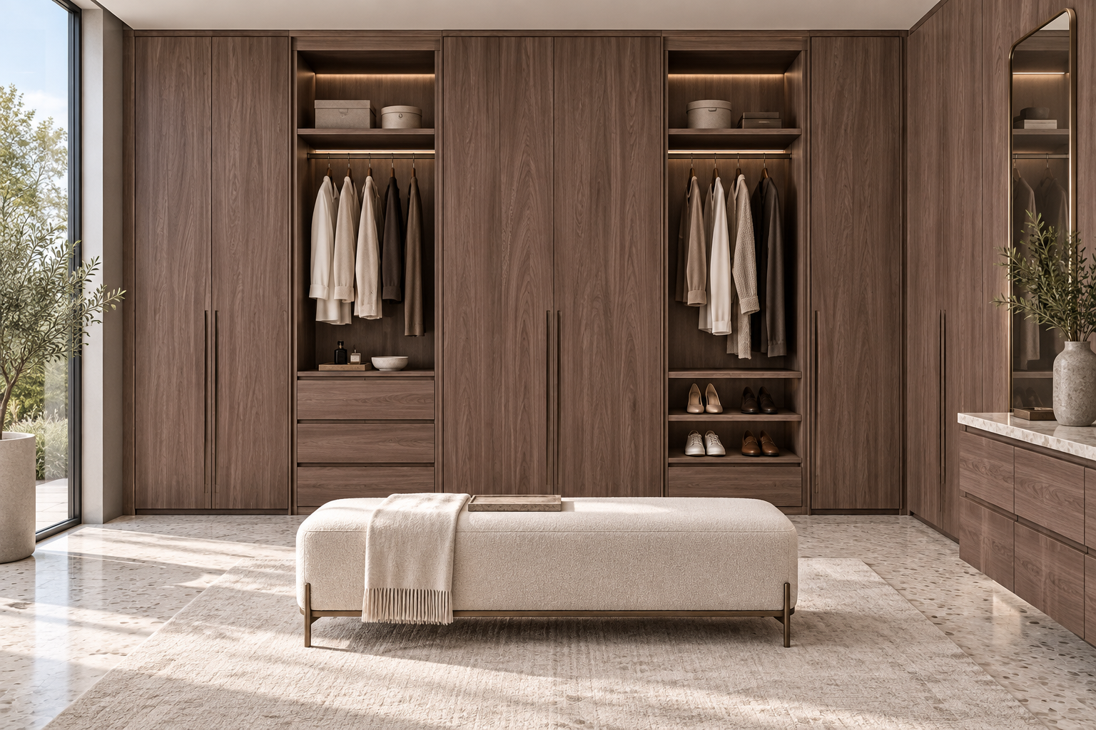 Design visualization: boutique dressing alcoves in Chateau Walnut, decor HK2032