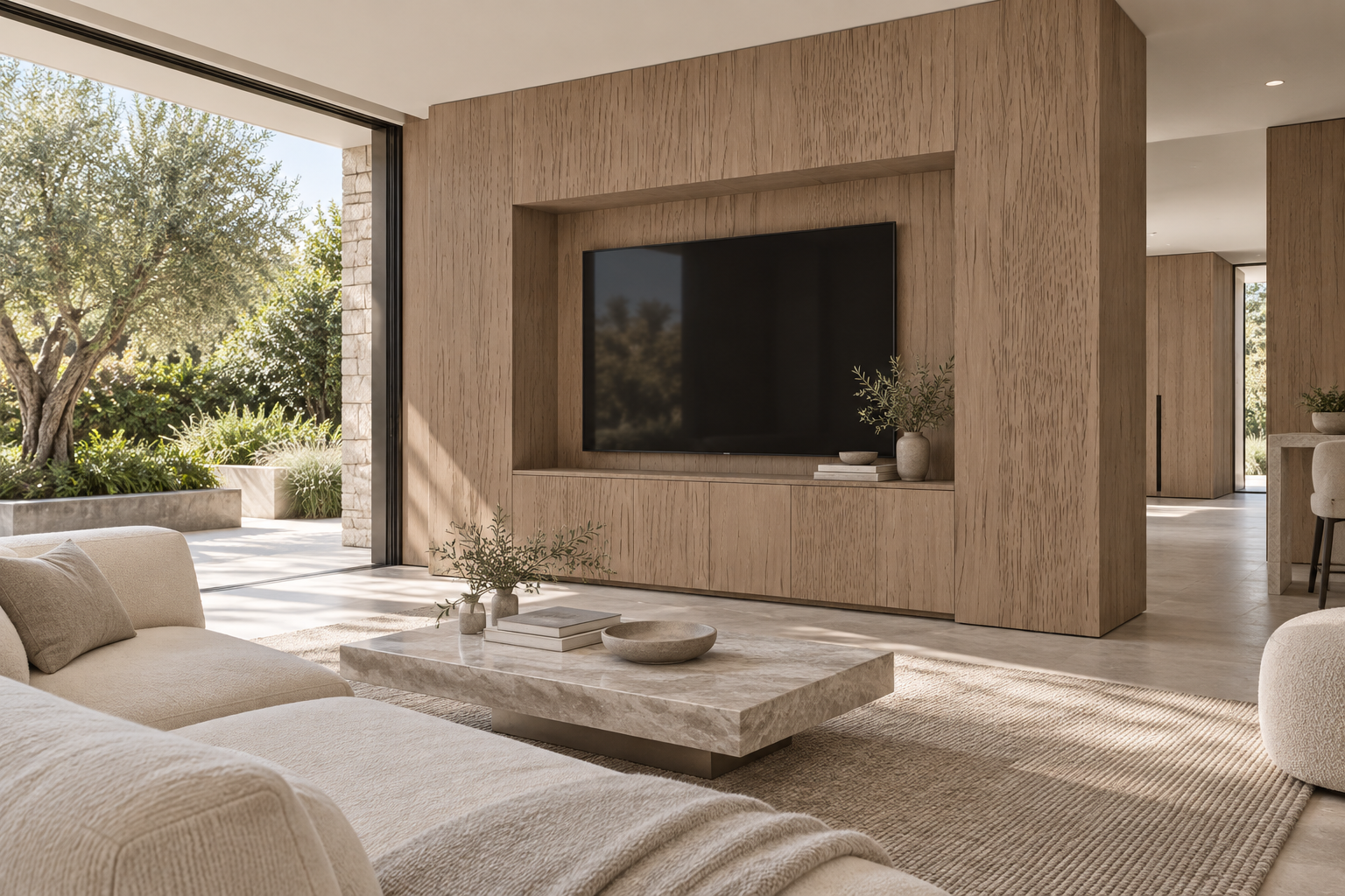 Design visualization: recessed media lounge in Braddon Oak Cyan, decor HK2037
