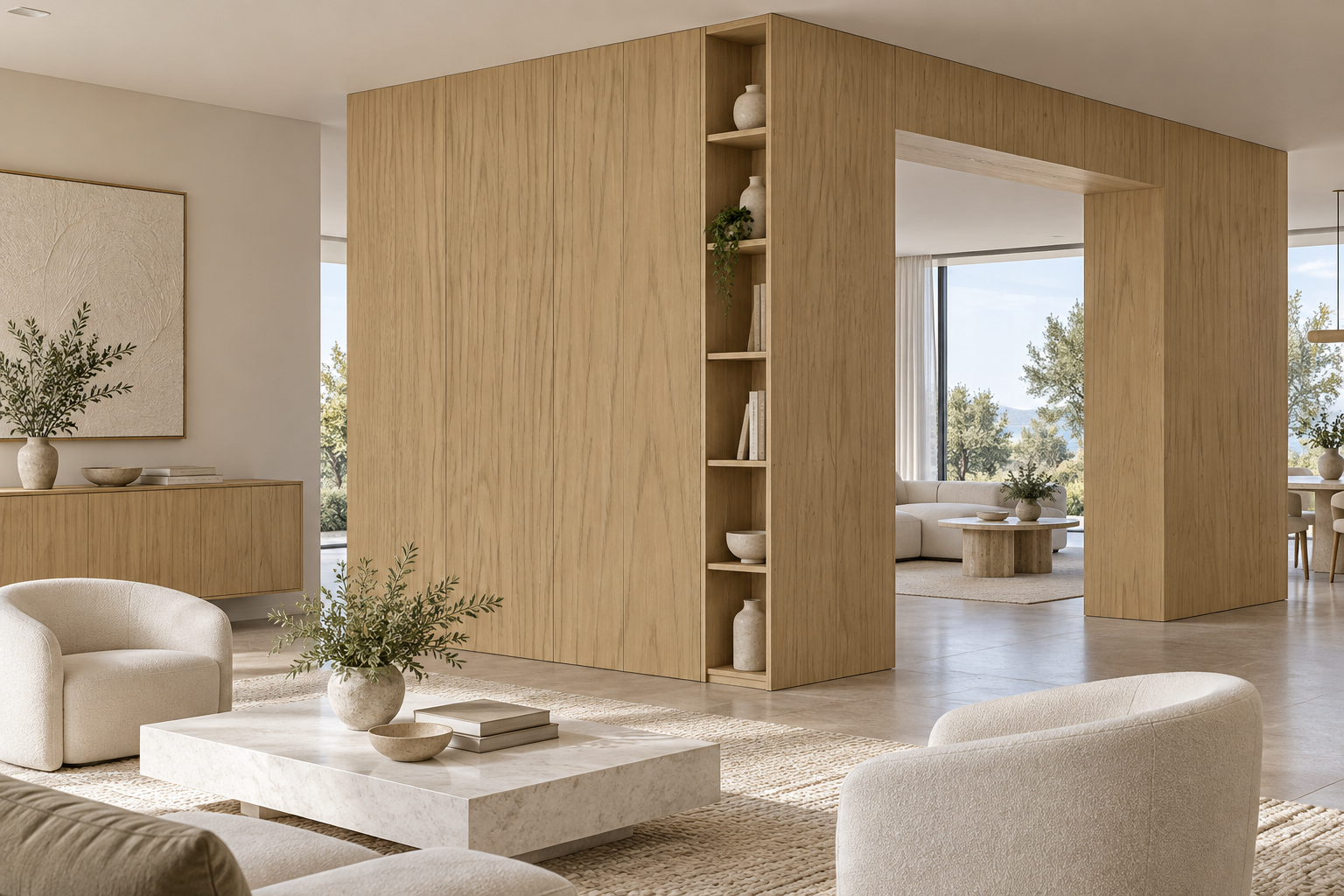 Design visualization: library divider wall in Braddon Oak Yellow, decor HK2038