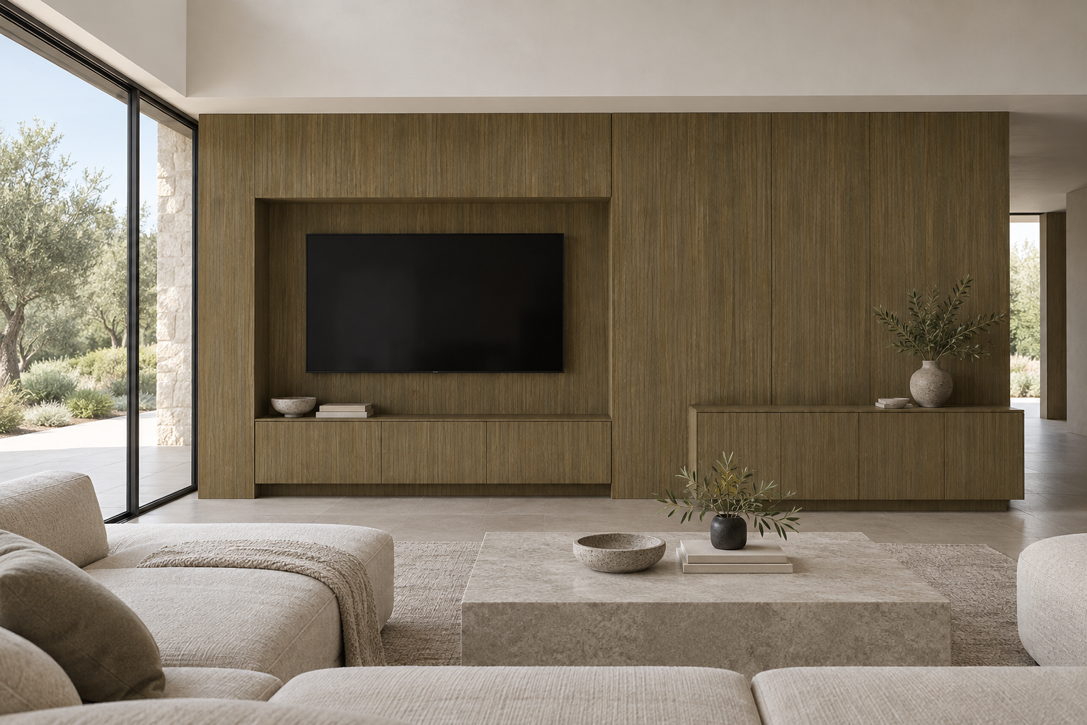 Design visualization: sheltered media niche in Mellow Oak Cyan, decor HQ6112