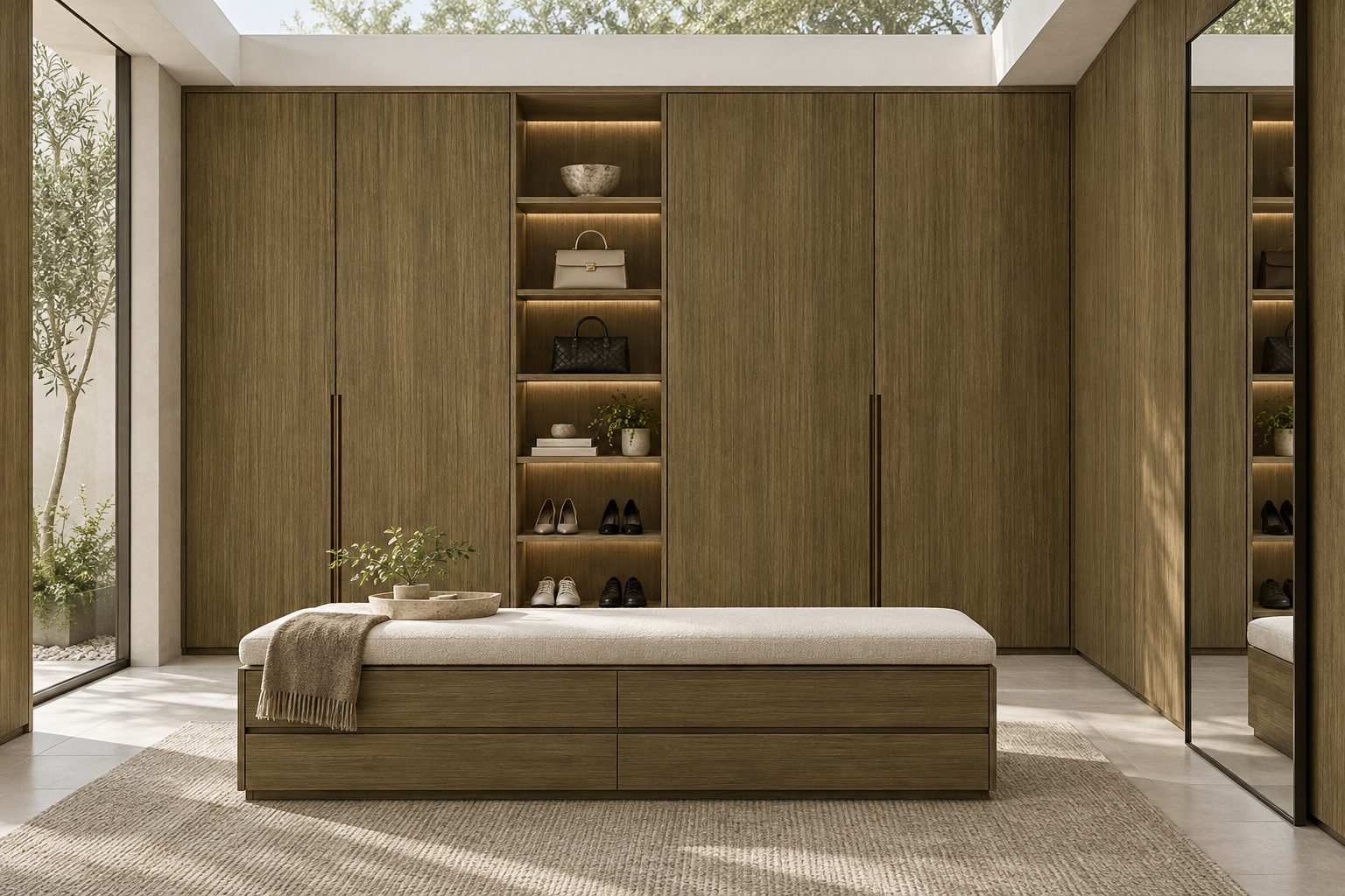 Design visualization: walk-in storage gallery in Mellow Oak Cyan, decor HQ6112