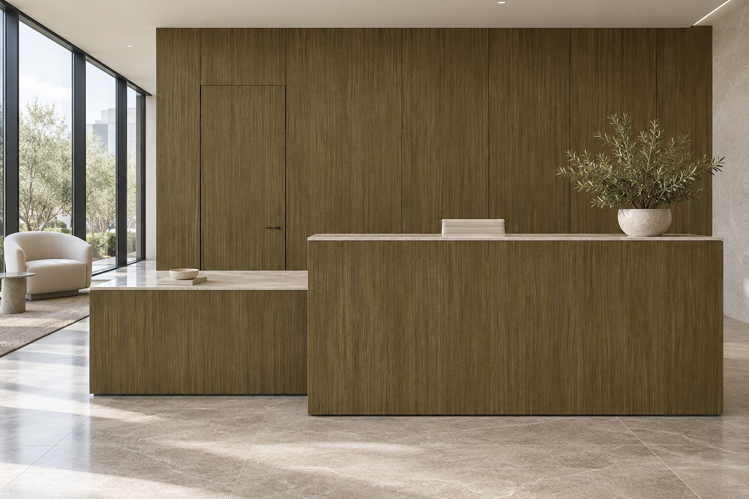 Design visualization: intersecting counter volumes in Mellow Oak Cyan, decor HQ6112