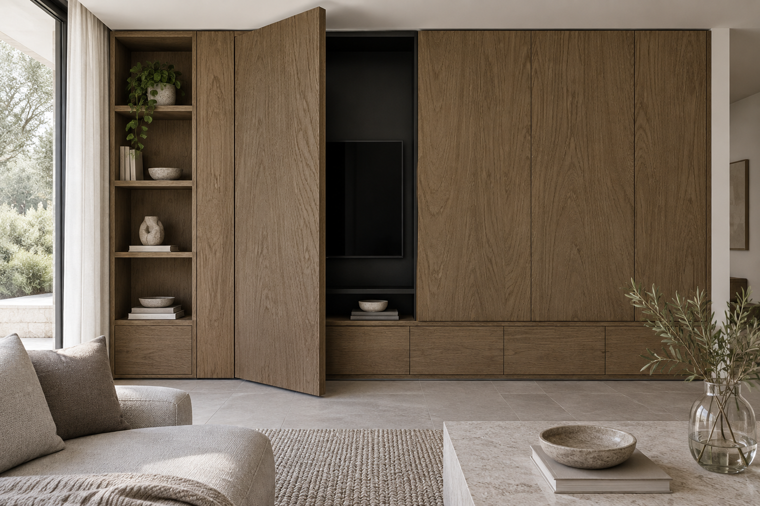 Design visualization: pivot-panel living wall in Bessie Hickory Brown, decor HT6041