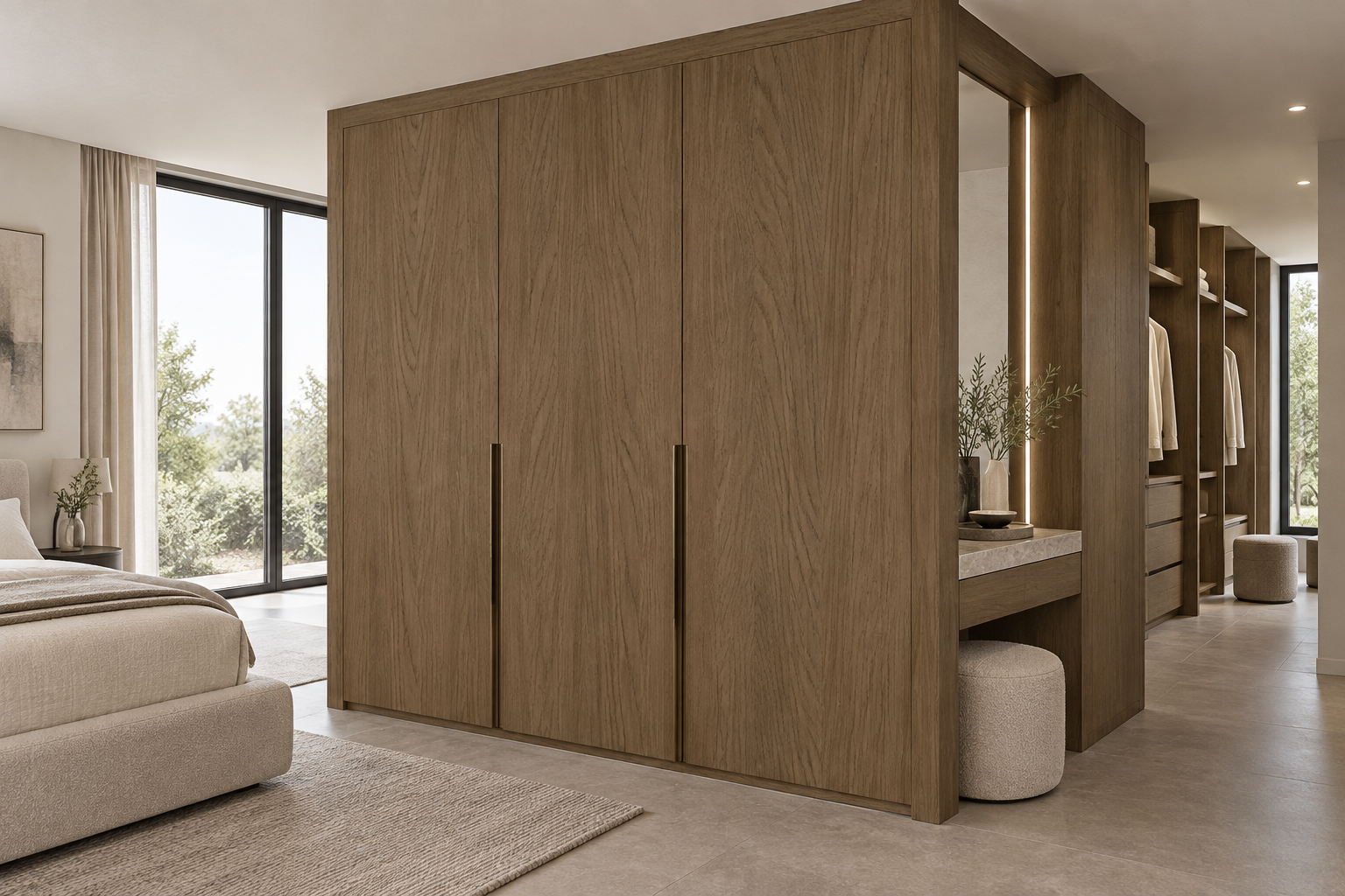 Design visualization: bedroom storage divider in Bessie Hickory Brown, decor HT6041