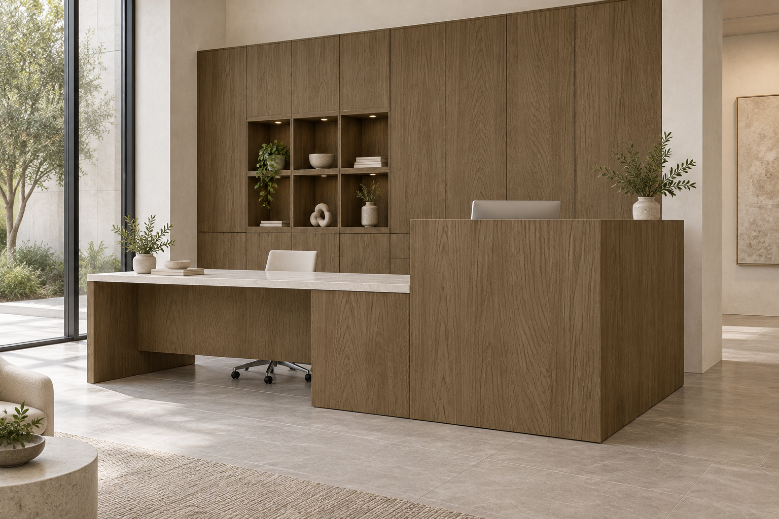 Design visualization: interlocking reception in Bessie Hickory Brown, decor HT6041