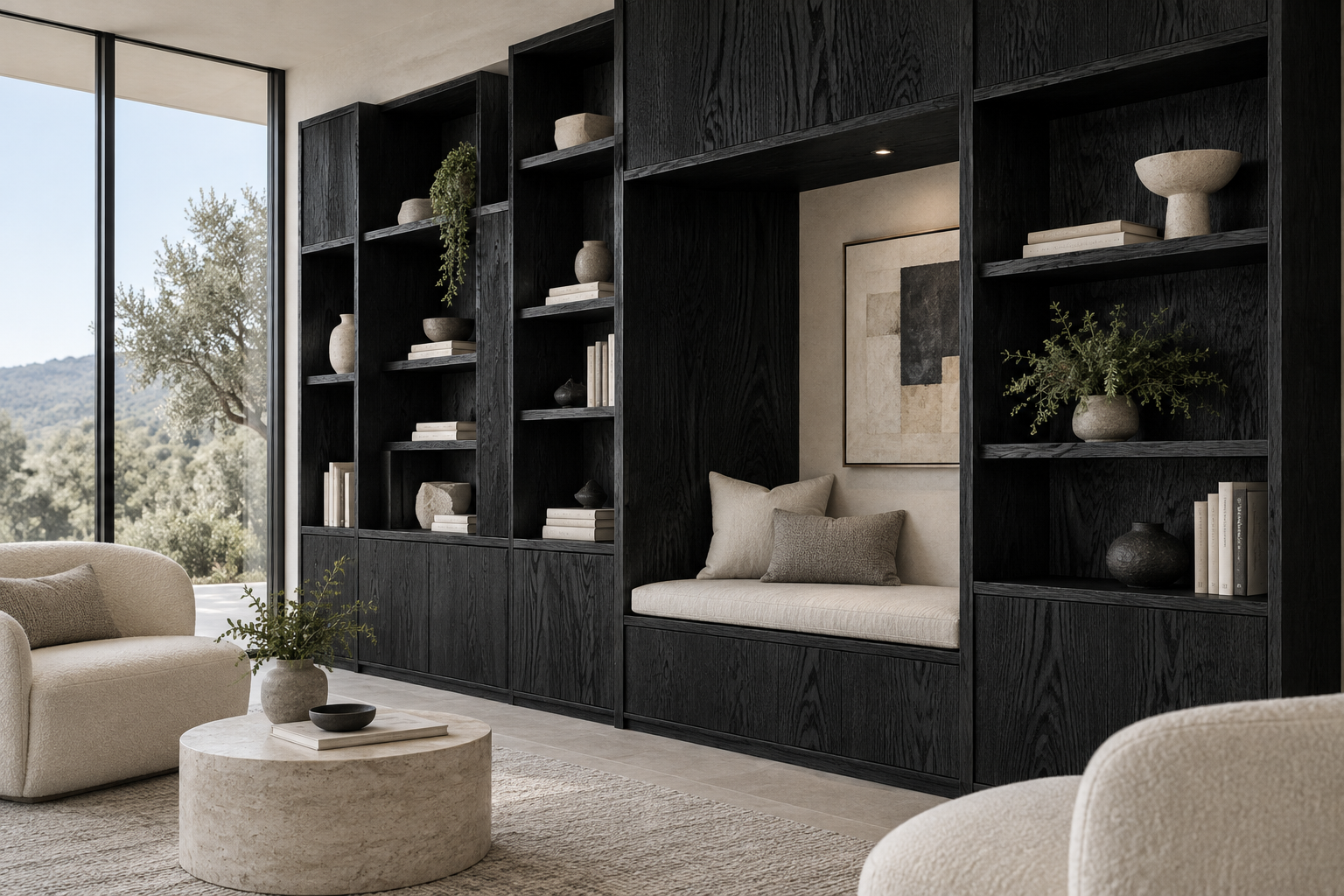 Design visualization: boxed library wall in Bessie Hickory Black, decor HT6042