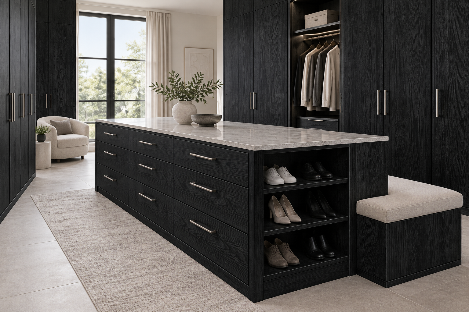 Design visualization: double-sided wardrobe island in Bessie Hickory Black, decor HT6042