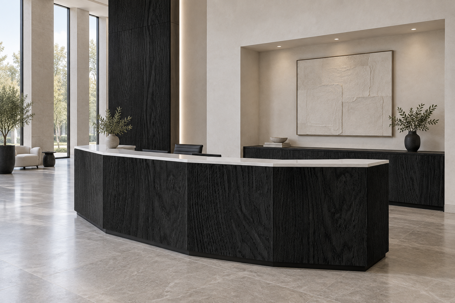 Design visualization: faceted crescent desk in Bessie Hickory Black, decor HT6042