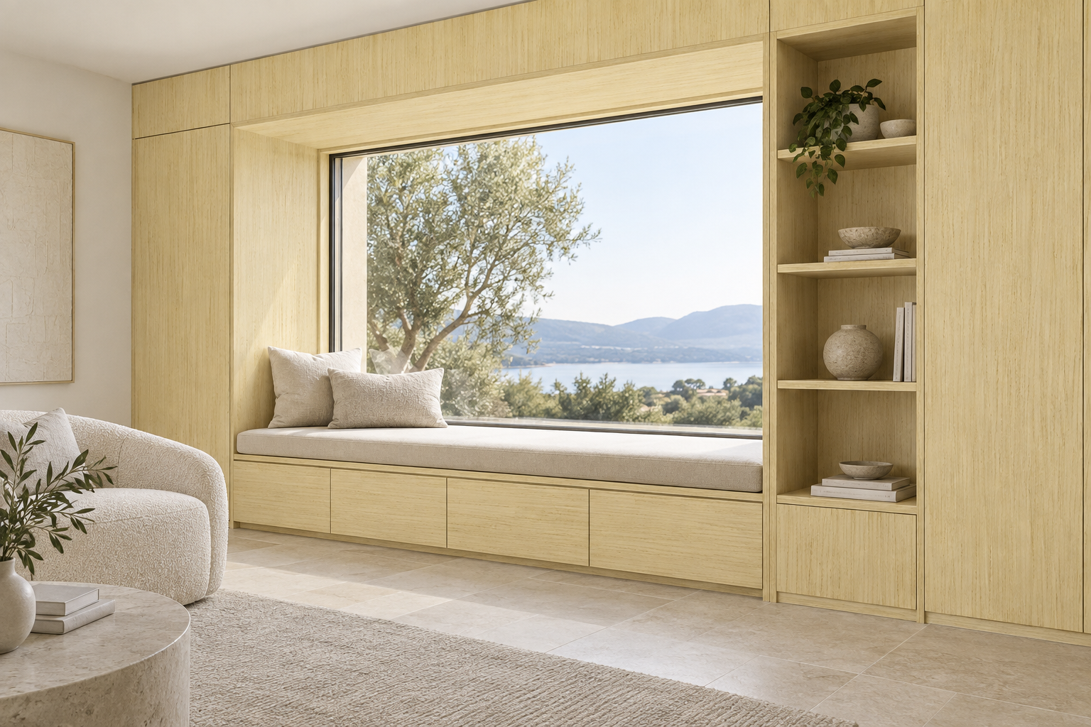 Design visualization: window-seat paneling in Bessie Hickory Yellow, decor HT6043