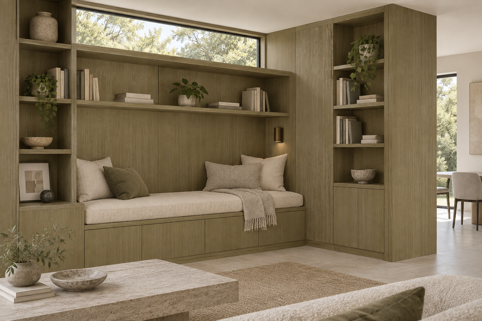 Design visualization: library daybed wall in Bessie Hickory Green, decor HT6044