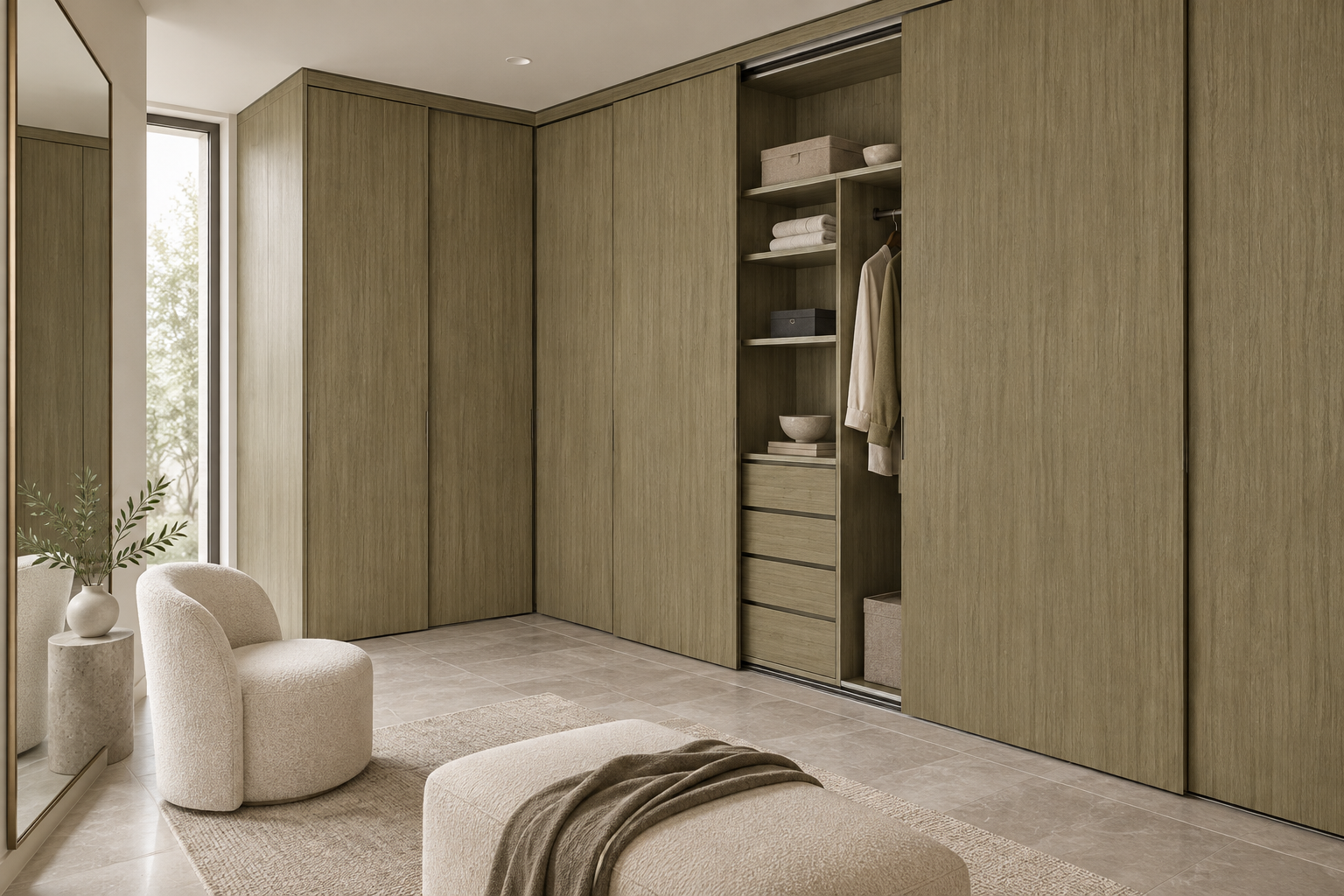 Design visualization: sliding wardrobe corner in Bessie Hickory Green, decor HT6044