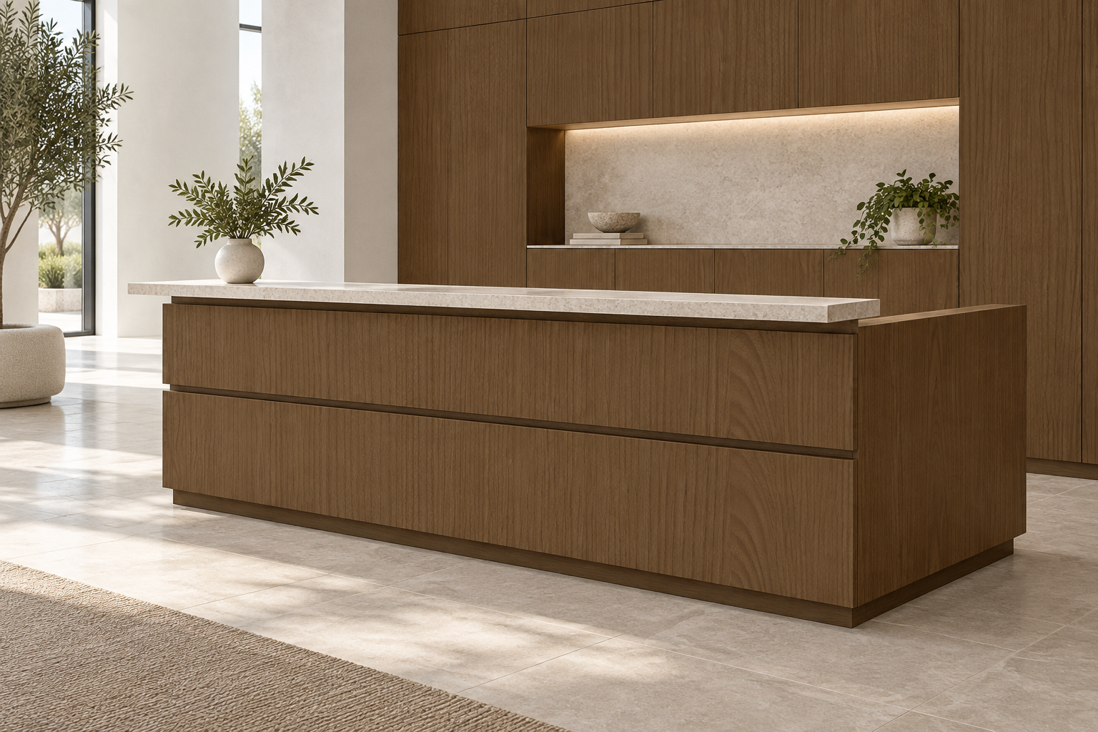 Design visualization: stacked-plane reception in Snow Elm Clay, decor HT6051