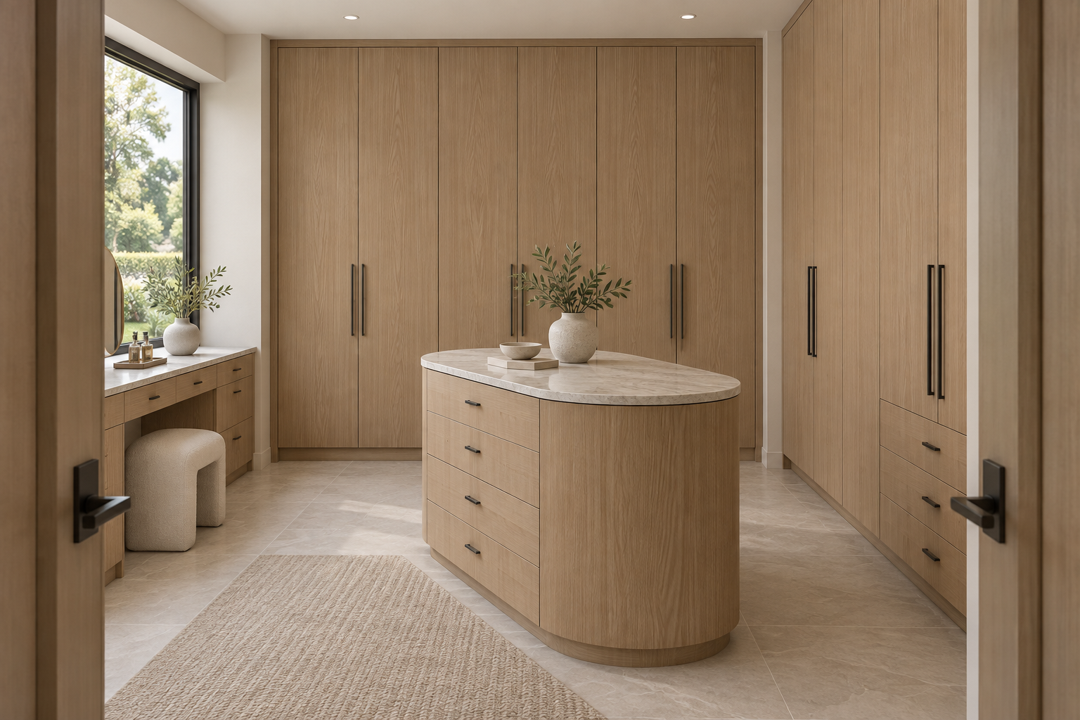 Design visualization: island dressing pavilion in Snow Elm Honey, decor HT6052