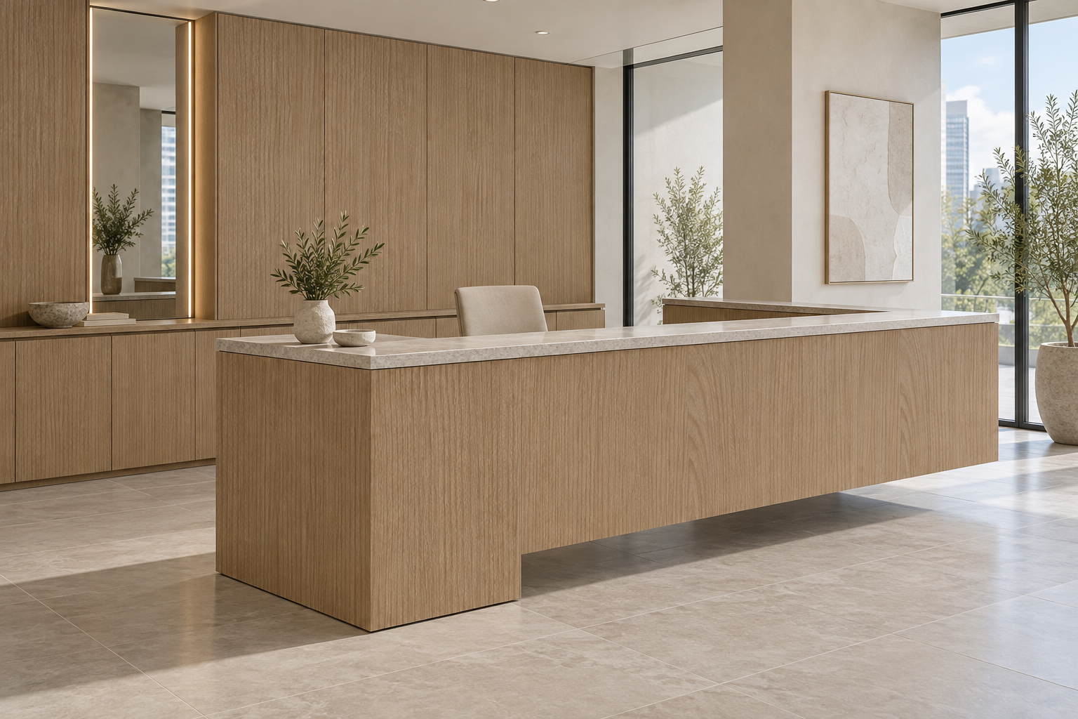 Design visualization: cantilevered corner desk in Snow Elm Honey, decor HT6052