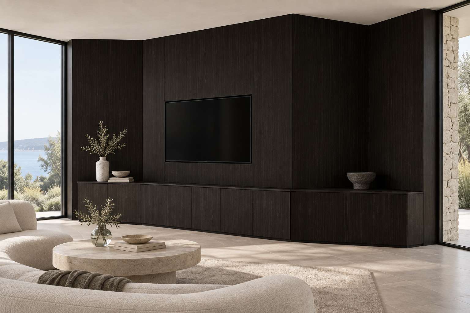Design visualization: faceted media wall in Snow Elm Charcoal, decor HT6054