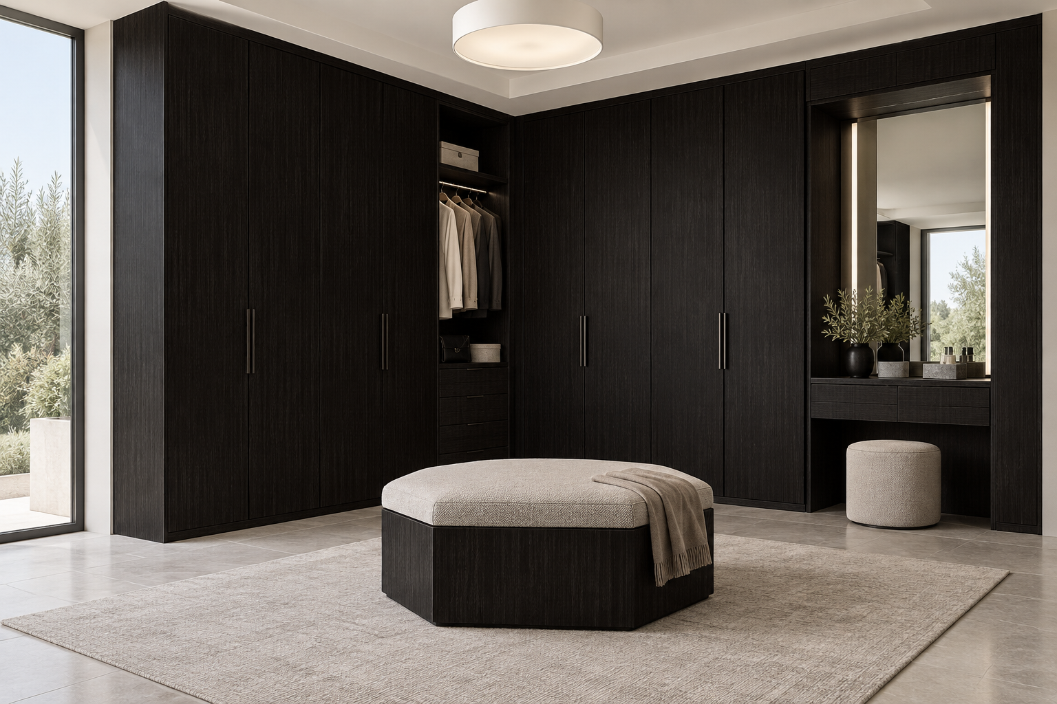Design visualization: corner dressing suite in Snow Elm Charcoal, decor HT6054