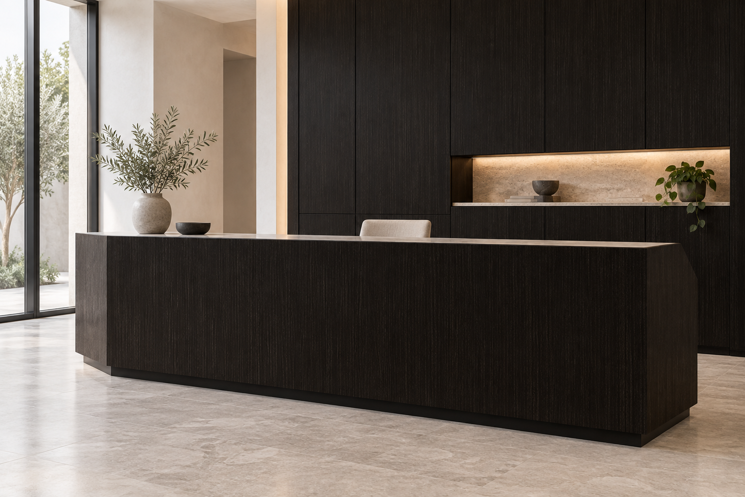 Design visualization: chamfered reception counter in Snow Elm Charcoal, decor HT6054
