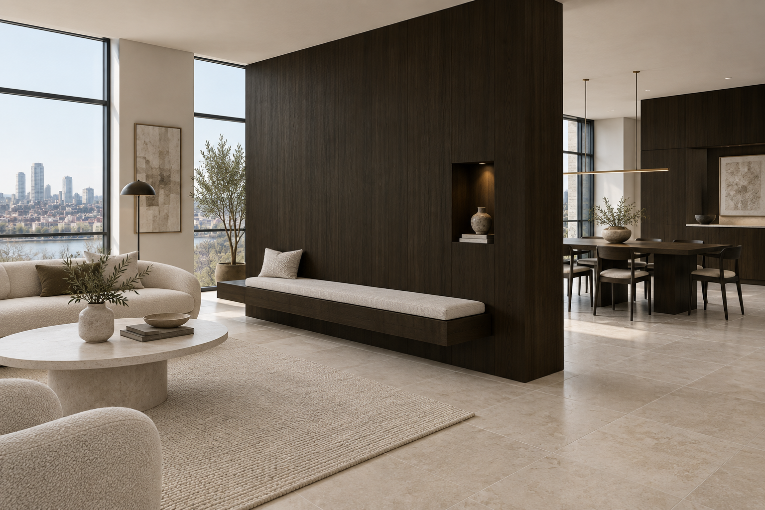 Design visualization: freestanding lounge partition in Ink Peach Abyss, decor HT6062