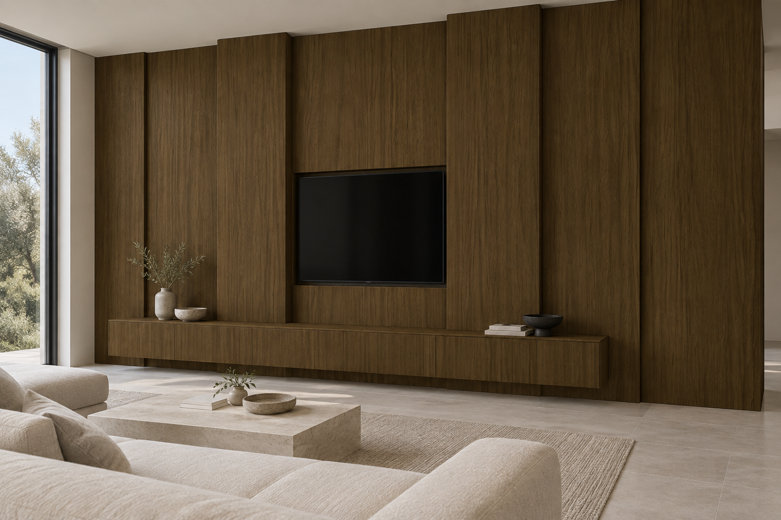 Design visualization: layered media panels in Ink Peach Ripple, decor HT6065