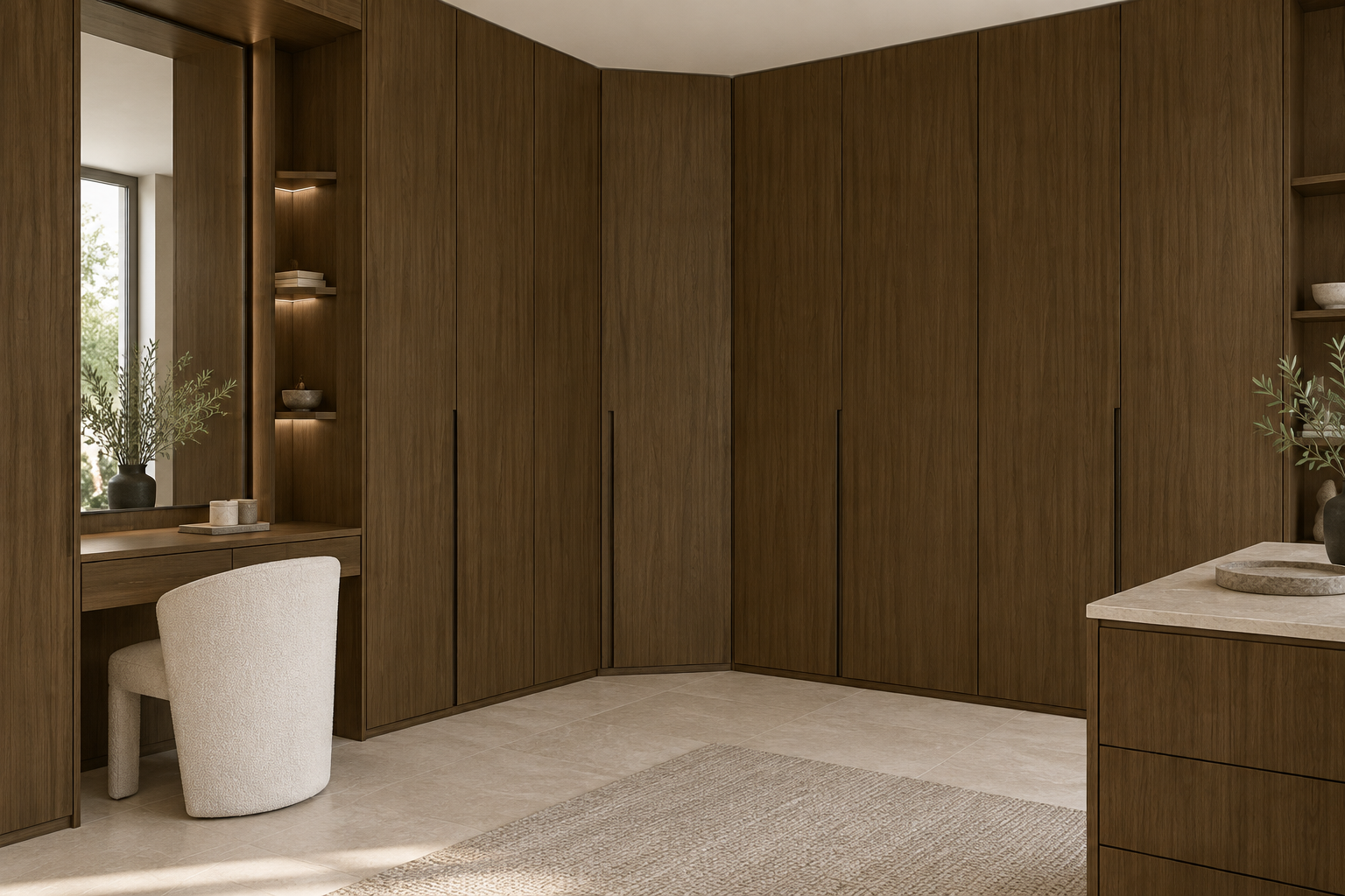 Design visualization: chamfered corner wardrobe in Ink Peach Ripple, decor HT6065