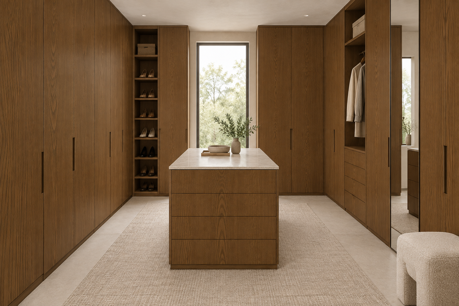 Design visualization: walk-around dressing island in Kylin Elm Pot, decor HT6071
