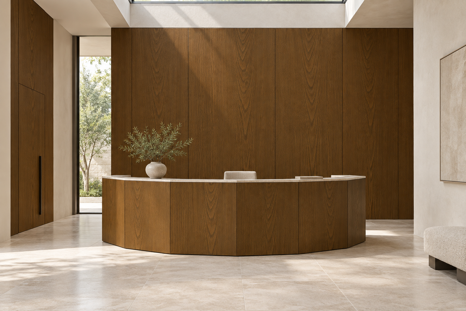 Design visualization: faceted crescent counter in Kylin Elm Pot, decor HT6071