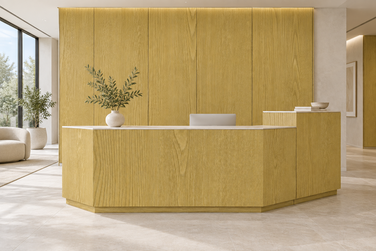 Design visualization: faceted welcome desk in Kylin Elm Yellow, decor HT6072