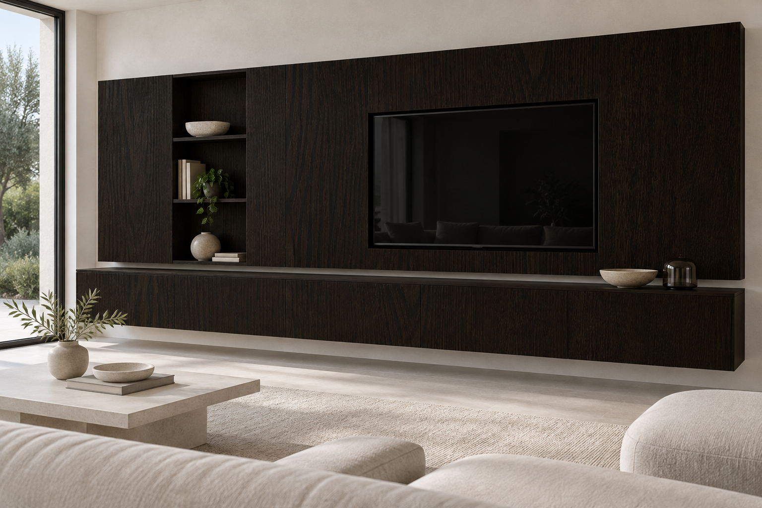 Design visualization: floating media wall in Kylin Elm Ink, decor HT6073