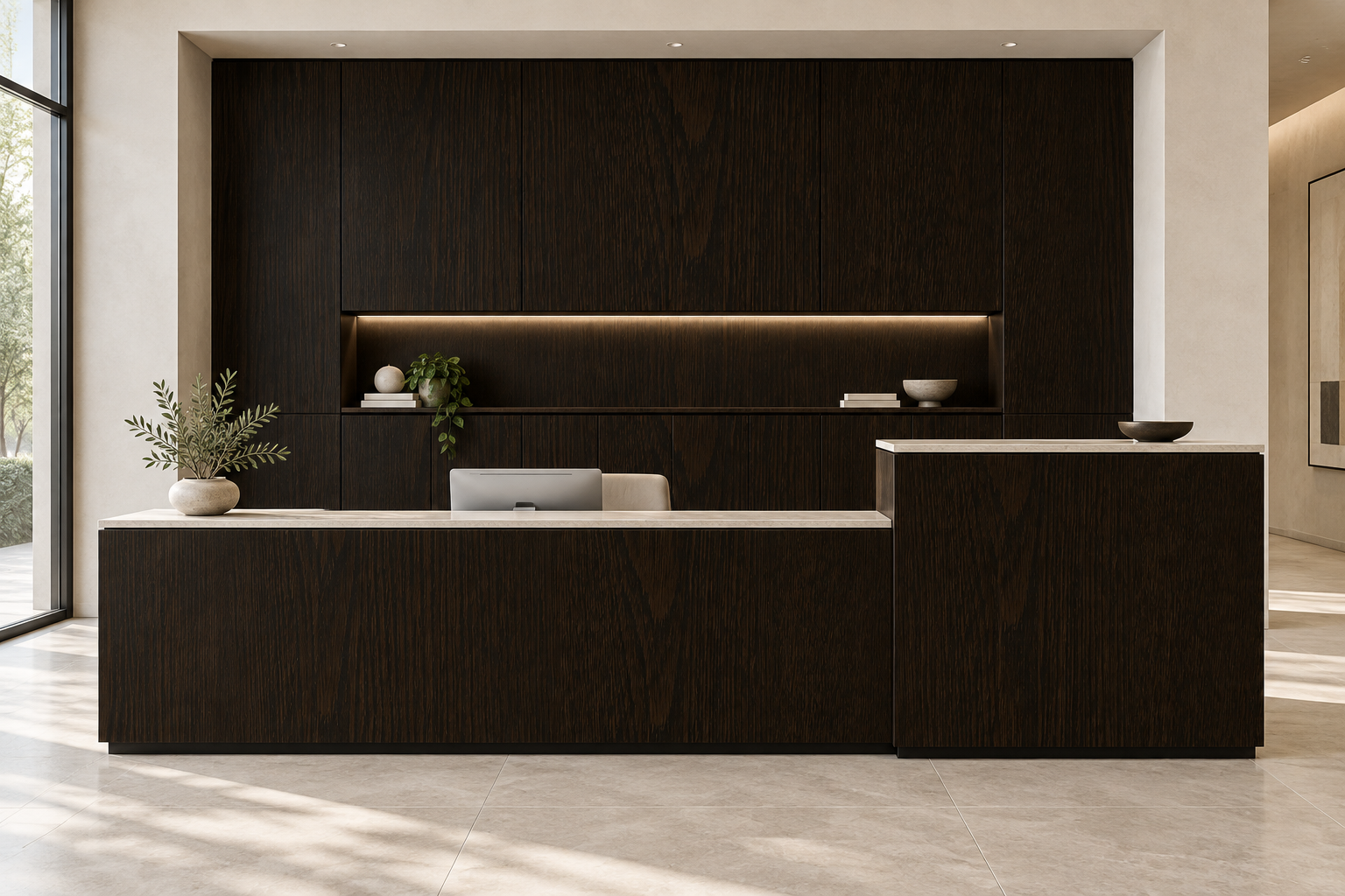 Design visualization: split-level reception in Kylin Elm Ink, decor HT6073