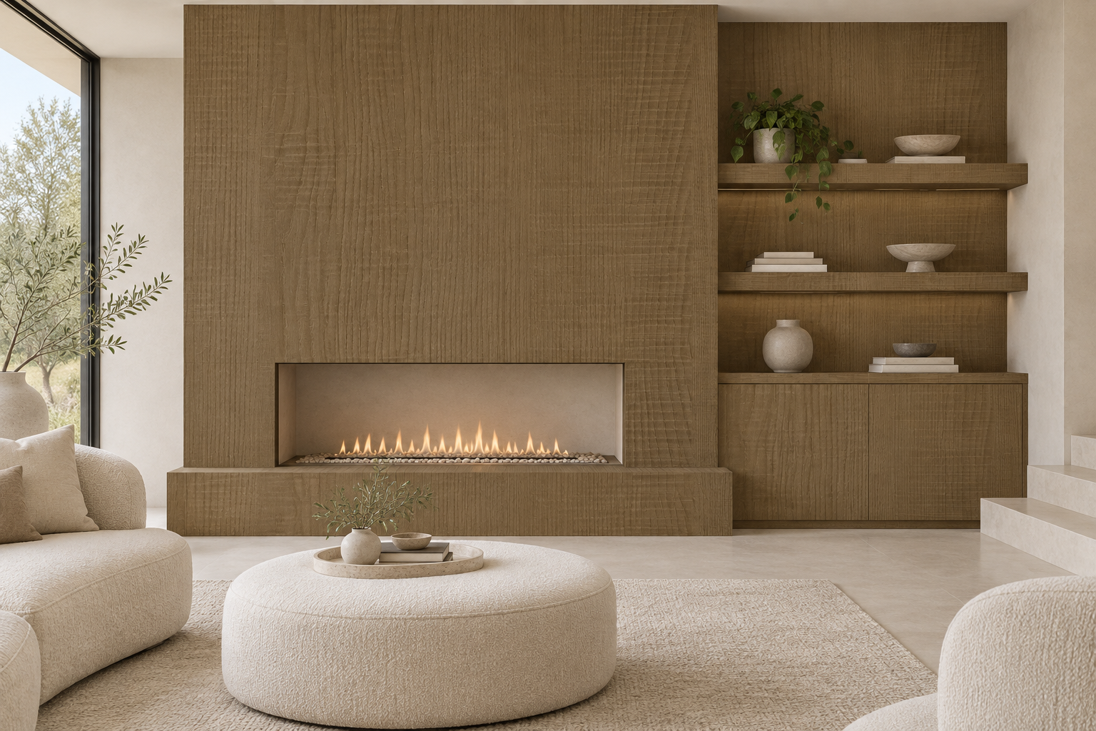 Design visualization: fireplace conversation wall in Saw Walnut Origin, decor HT6081