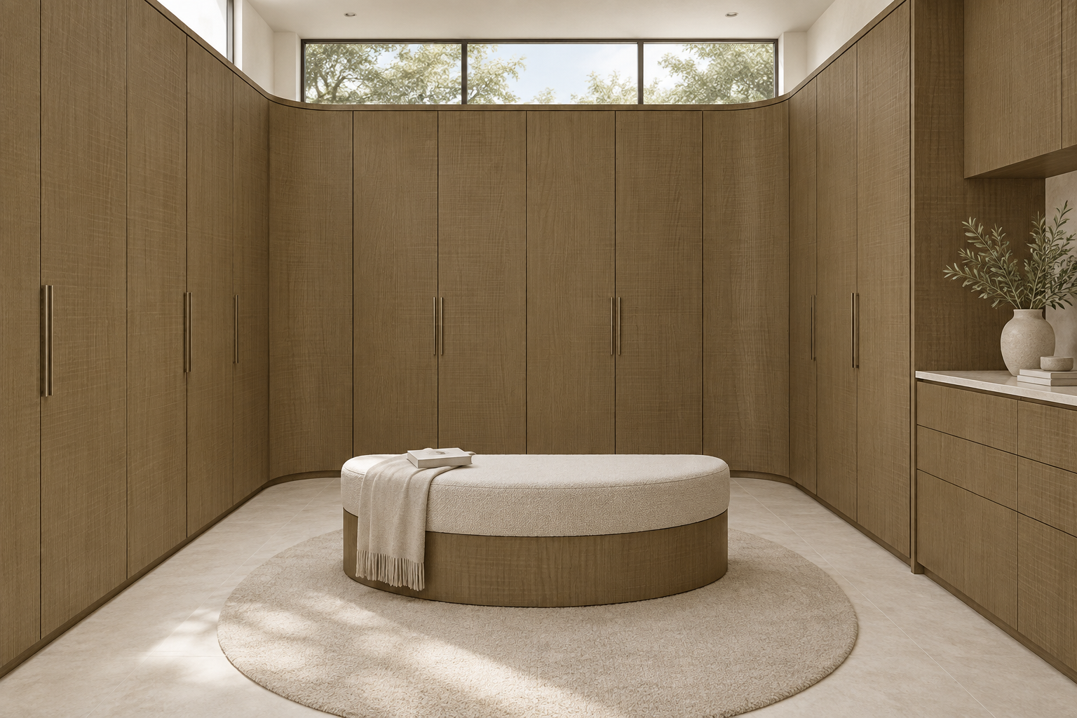 Design visualization: radius corner wardrobes in Saw Walnut Origin, decor HT6081